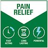 Pain relief product label with icons and text on a green background