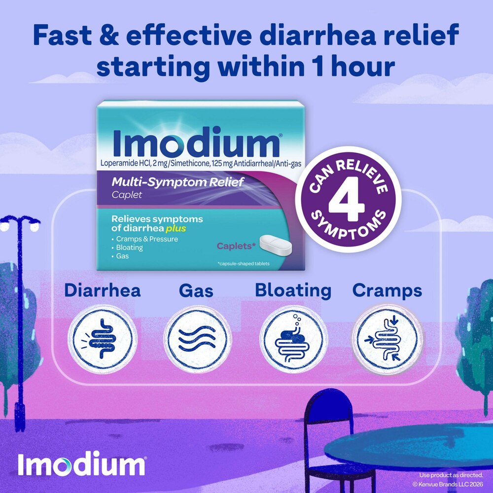 Imodium advertisement with product packaging and relief effects on a scenic background