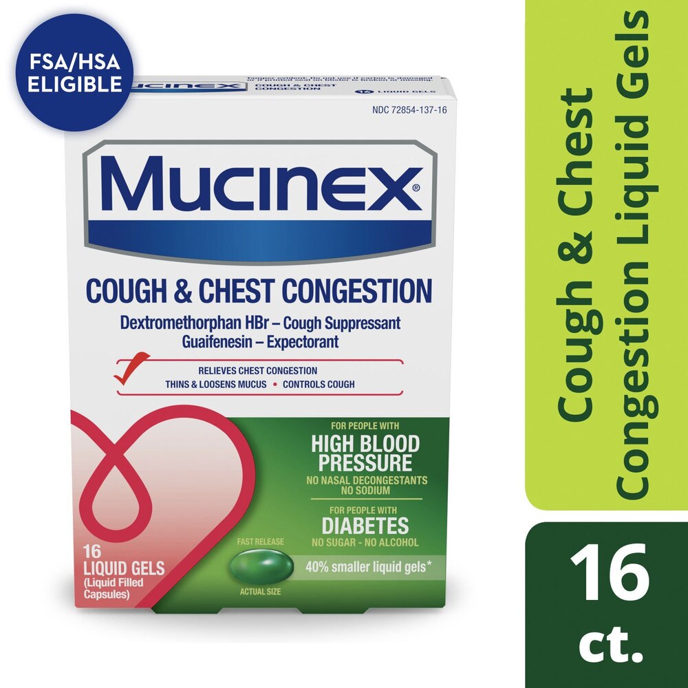 Mucinex Cough & Chest Congestion Liquid Gels packaging on a white background