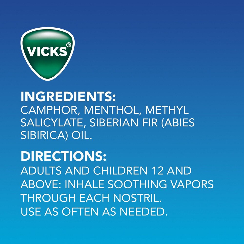 Vicks product information card with ingredients and usage directions on a blue background