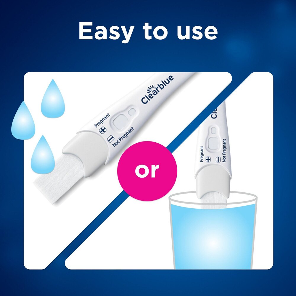 Clearblue pregnancy test with blue liquid and text 'Easy to use' on a blue background