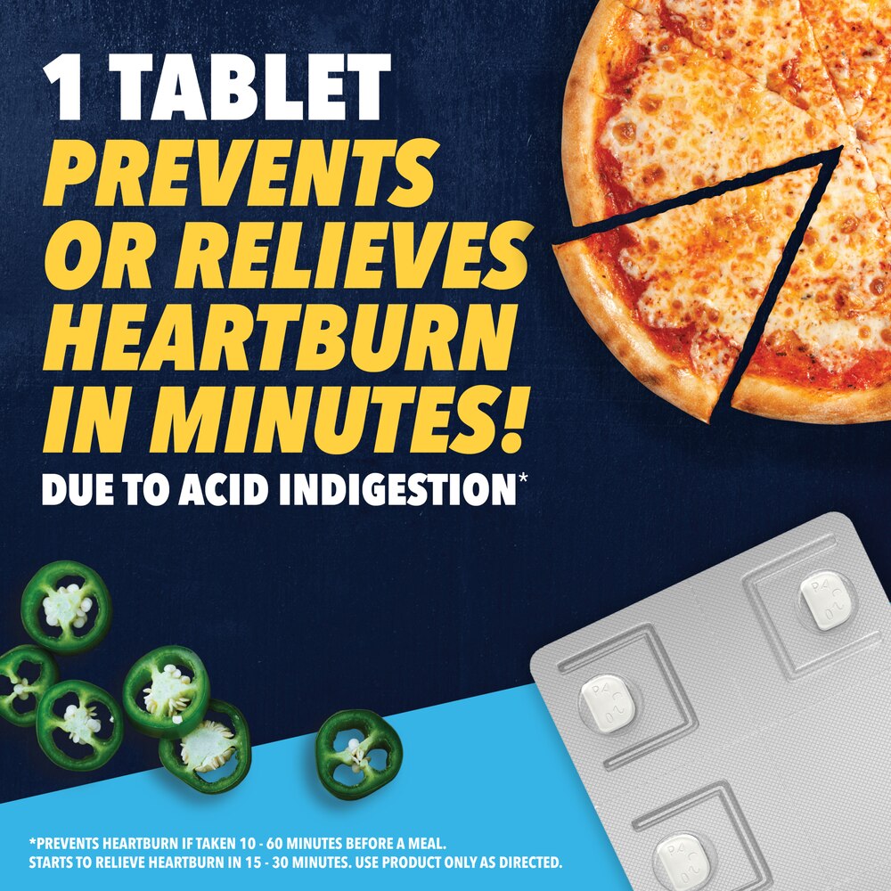 Product advertisement with a pizza and medication, highlighting heartburn relief.