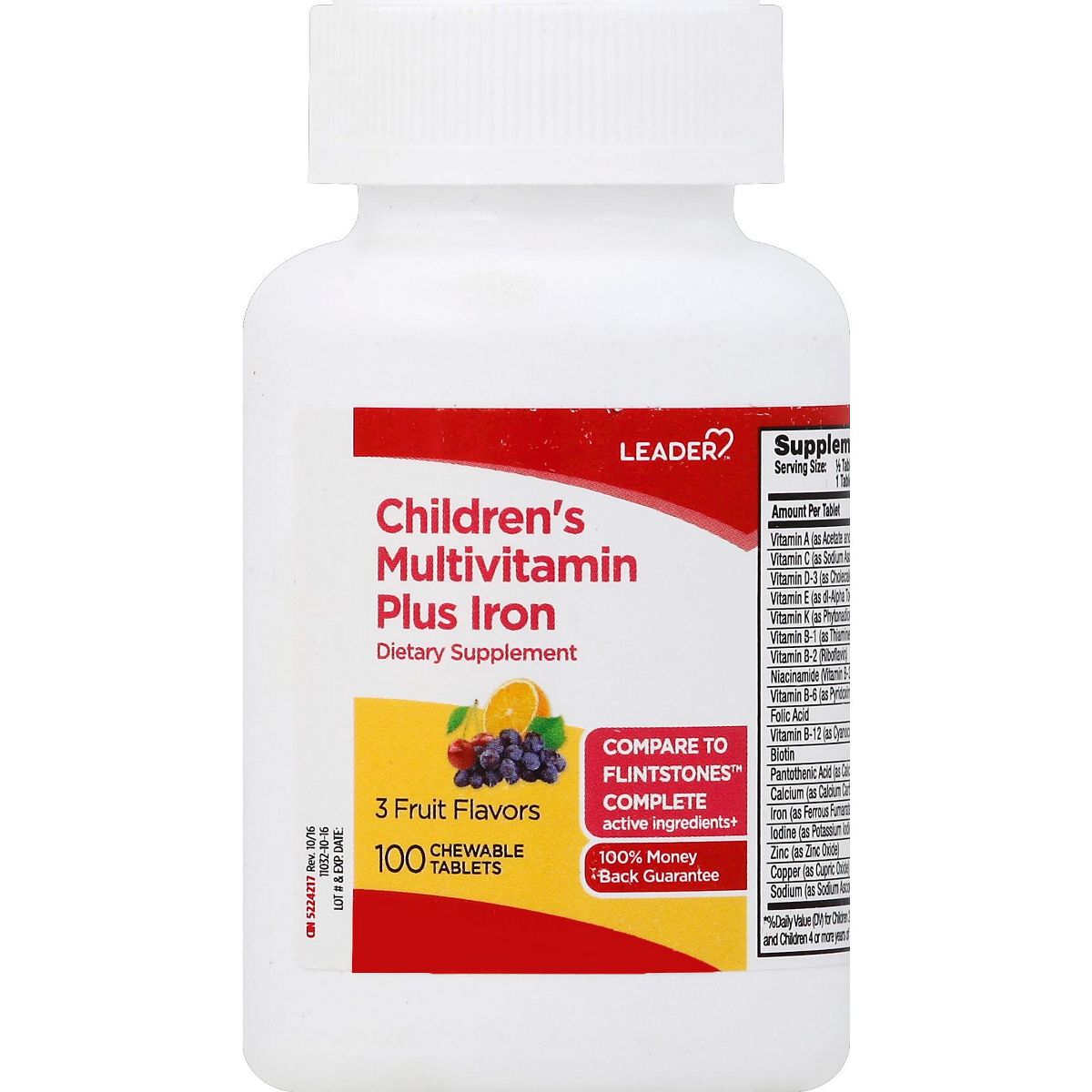 Children's multivitamin plus iron supplement bottle with colorful label on a white background