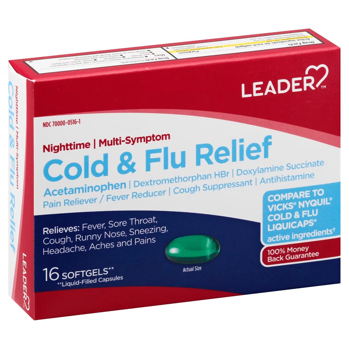 Leader Nighttime Cold & Flu Relief Softgels, 16 Count
