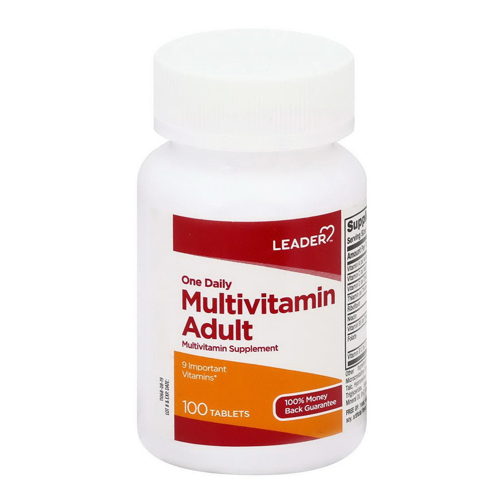 Multivitamin supplement bottle with red and white label on a white background