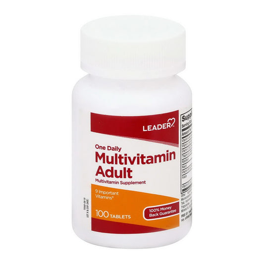 Multivitamin supplement bottle with red and white label on a white background