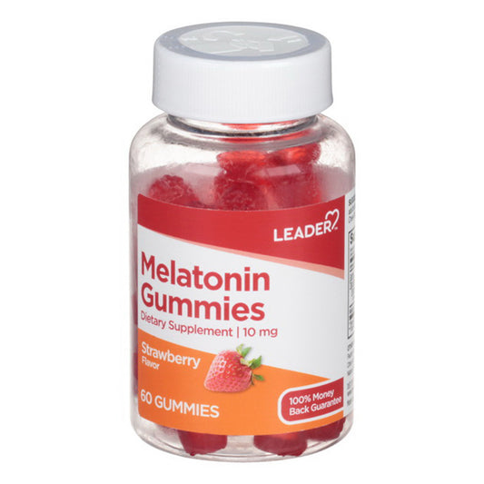 Bottle of Leader Melatonin Gummies with a white background