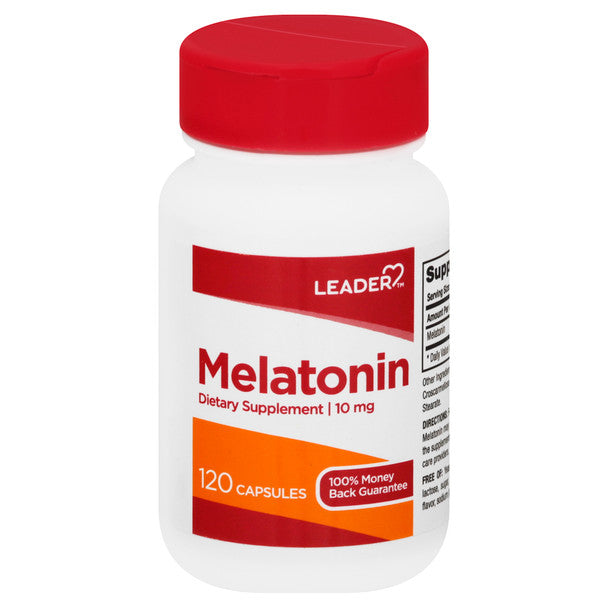 Melatonin supplement bottle with red cap and label on a white background