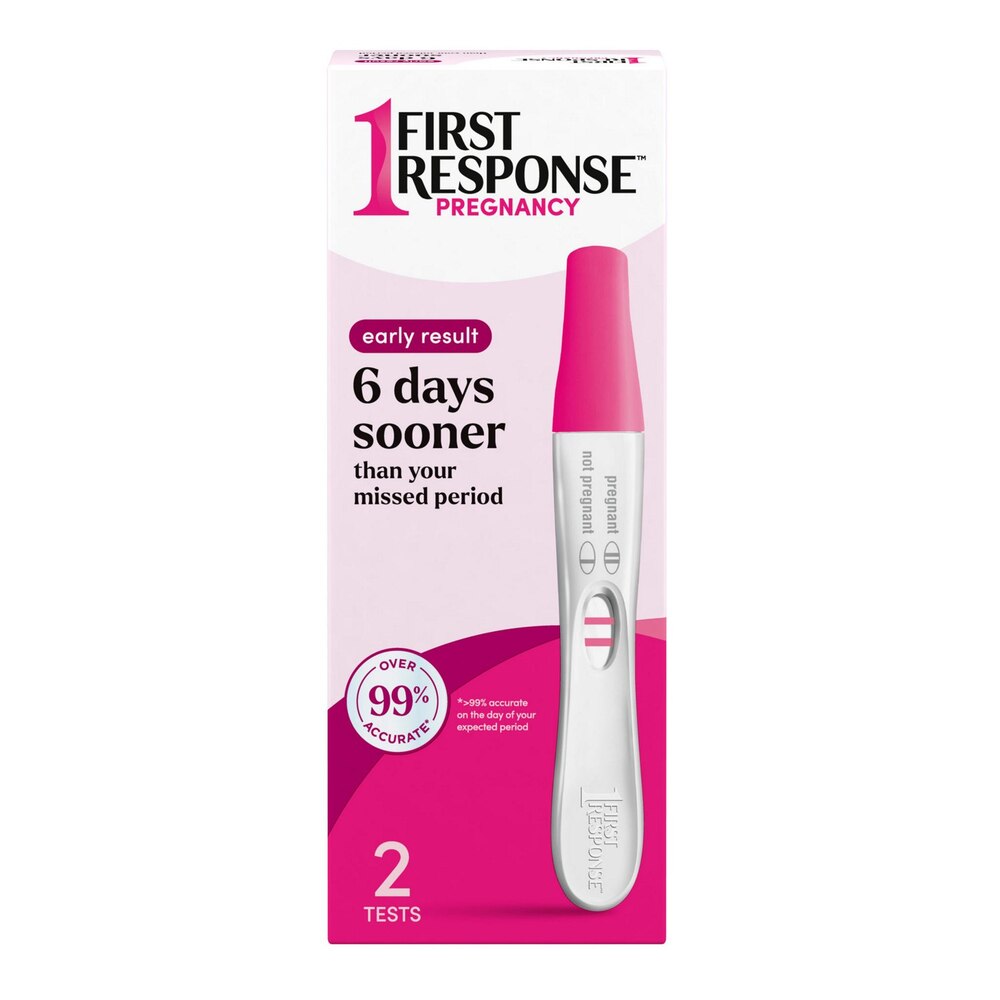 First Response pregnancy test packaging on a white background