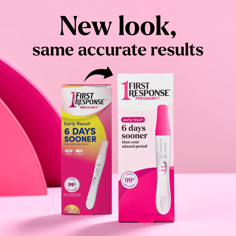 First Response pregnancy test packaging and device on a pink background with text 'New look, same accurate results'.
