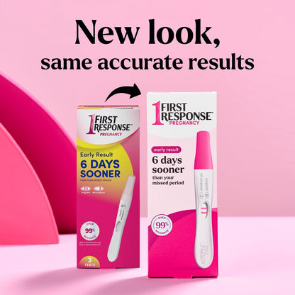 First Response pregnancy test packaging and device on a pink background with text 'New look, same accurate results'.