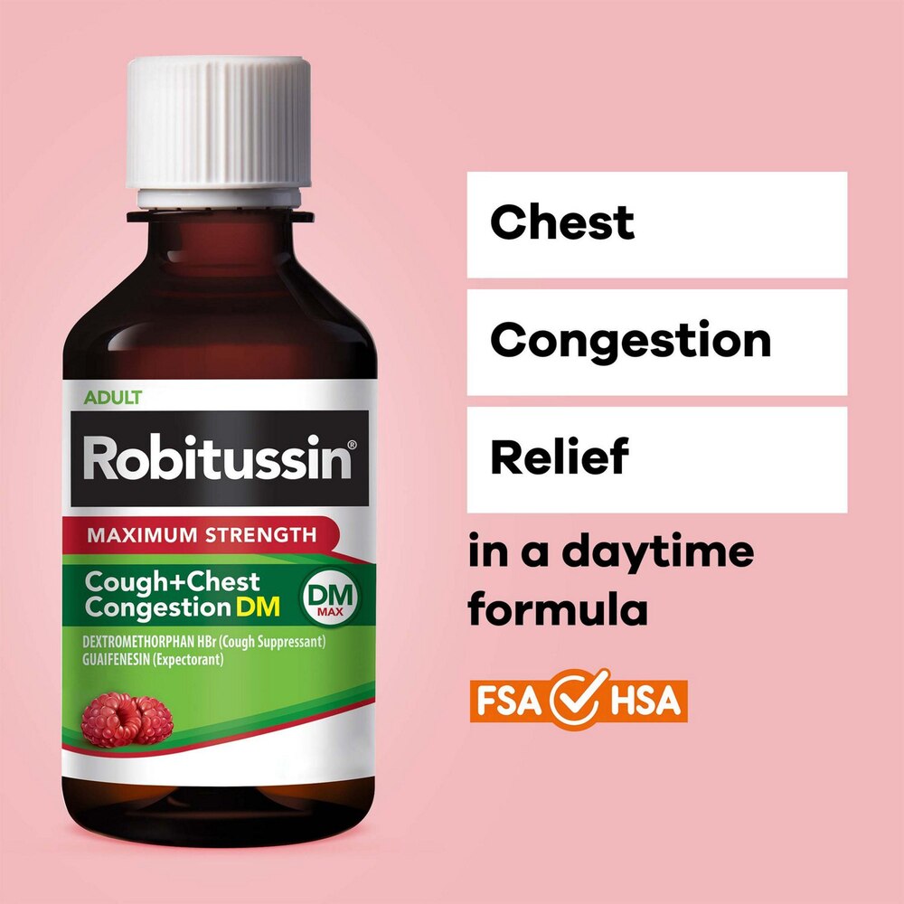 Robitussin bottle for chest congestion relief on a pink background