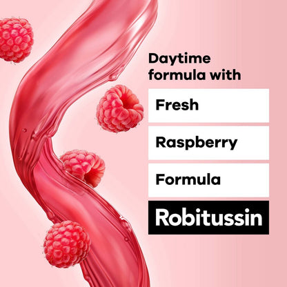 Robitussin daytime formula with fresh raspberry flavor on a pink background