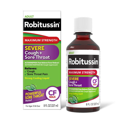 Robitussin Maximum Strength Severe Cough + Sore Throat relief packaging and bottle on a white background