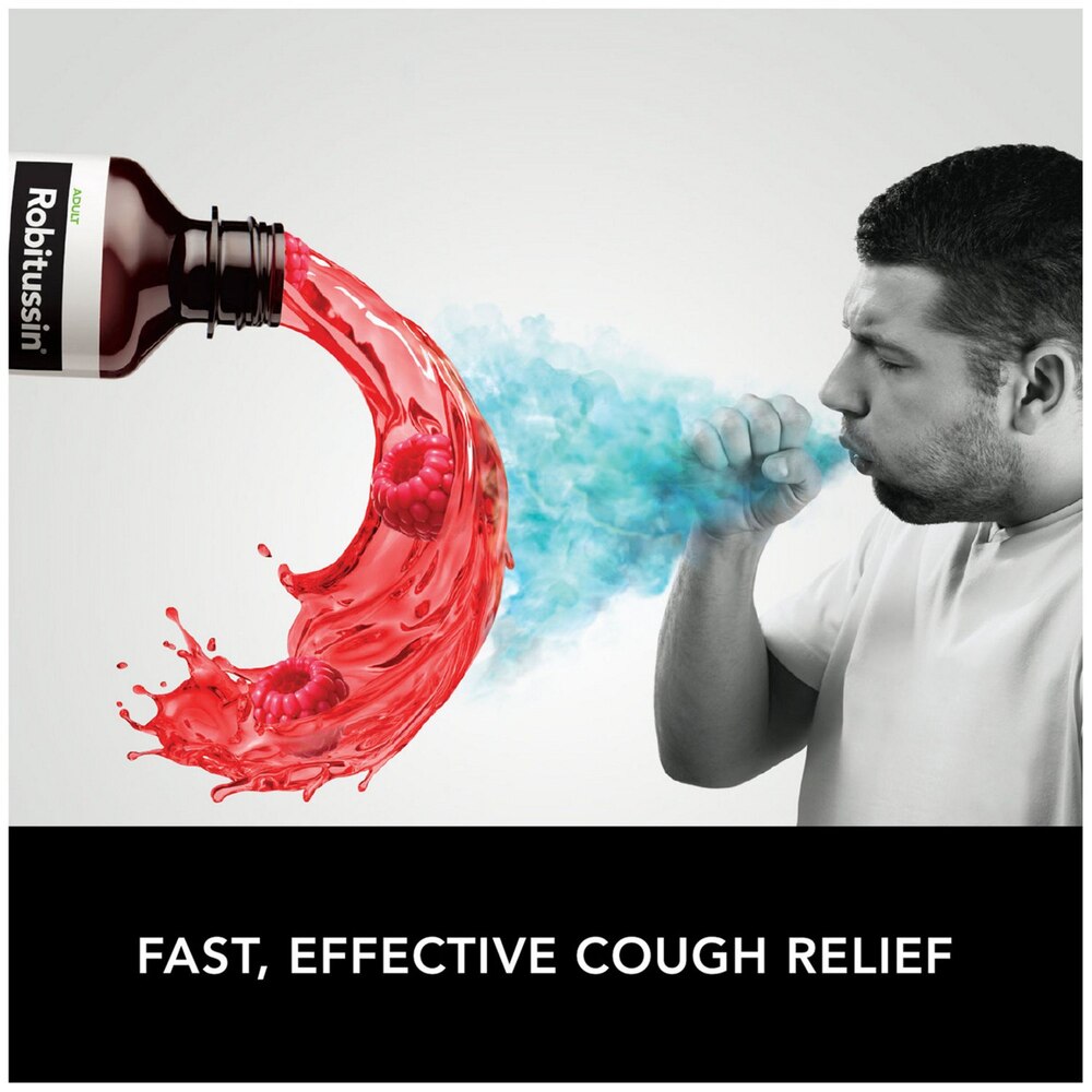 Robitussin cough syrup bottle with colorful liquid splash and a man coughing, labeled 'Fast, Effective Cough Relief'.