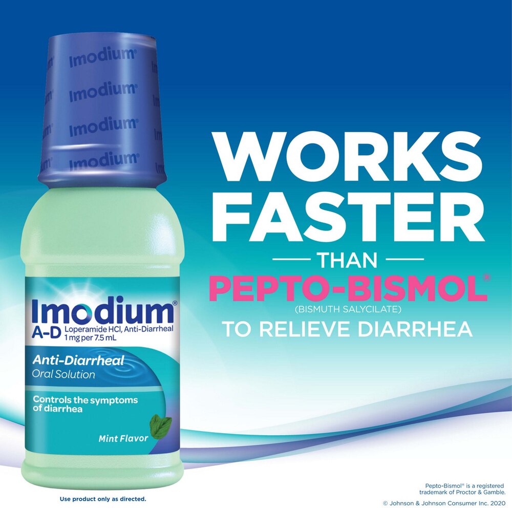 Imodium A-D bottle with promotional text on a blue and white background