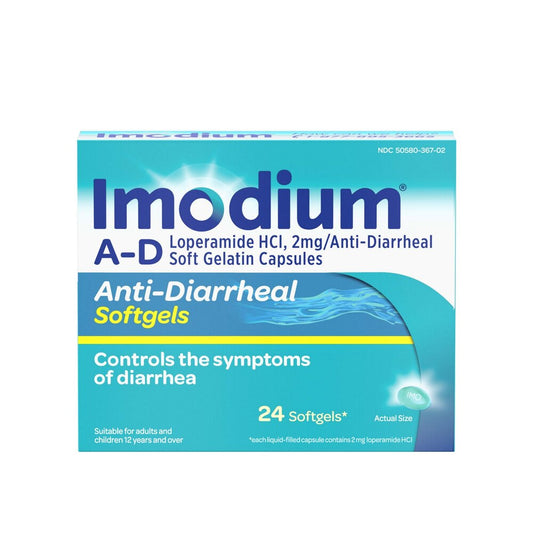 Imodium A-D anti-diarrheal softgels packaging on a white background