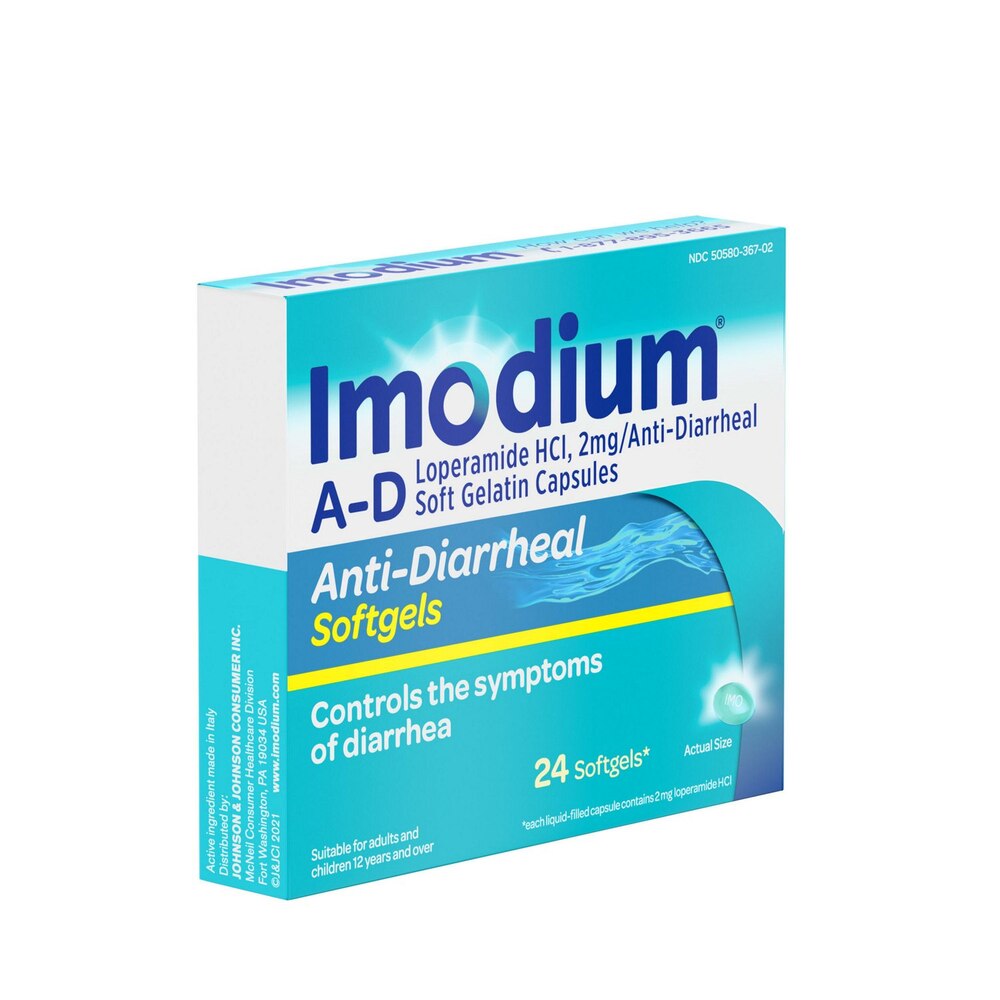Box of Imodium A-D Anti-Diarrheal Softgels on a white background