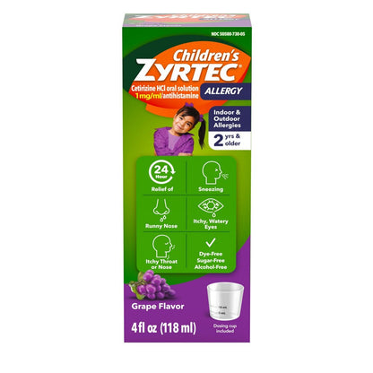 Children's Zyrtec Allergy medication packaging with a child illustration on a white background
