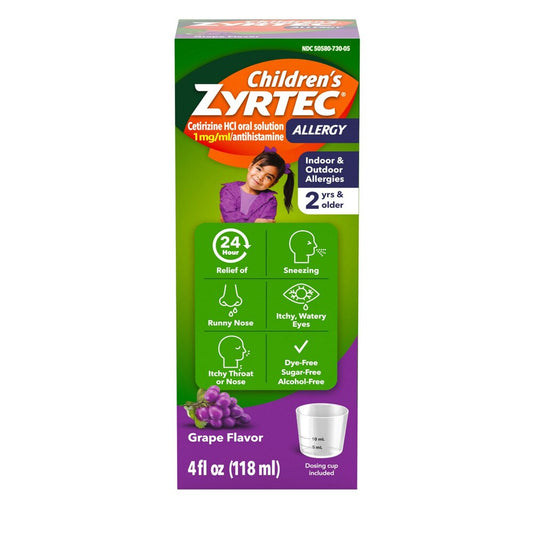 Children's Zyrtec Allergy medication packaging with a child illustration on a white background