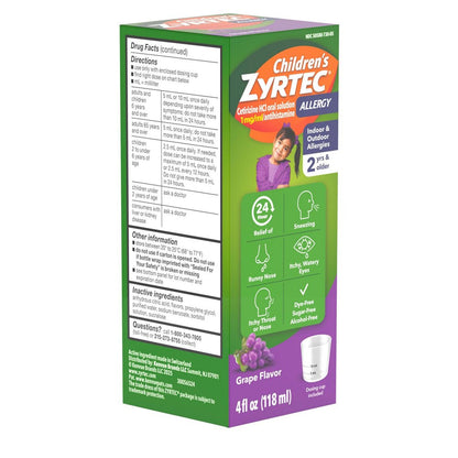 Children's Zyrtec Allergy medication box with green and purple design on a white background