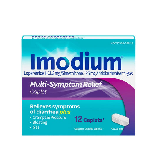 Imodium multi-symptom relief caplet box on a white background