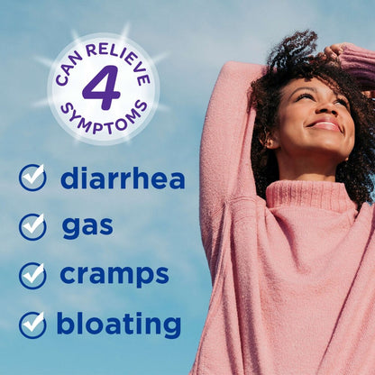 Woman in pink sweater against a blue sky with text about缓解4 symptoms