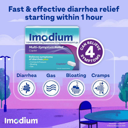 Imodium advertisement with product packaging and relief effects on a scenic background