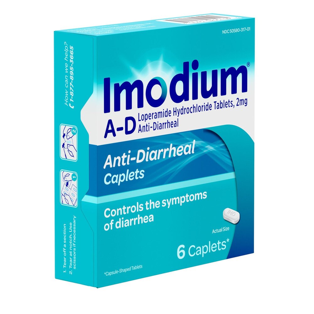 Imodium A-D anti-diarrheal caplets packaging on a white background