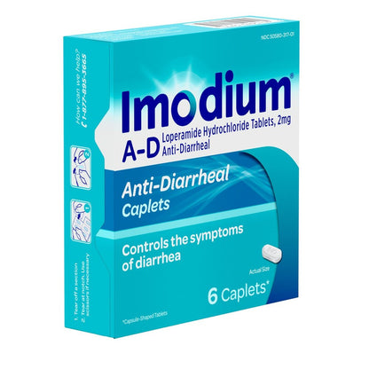 Imodium A-D anti-diarrheal caplets packaging on a white background