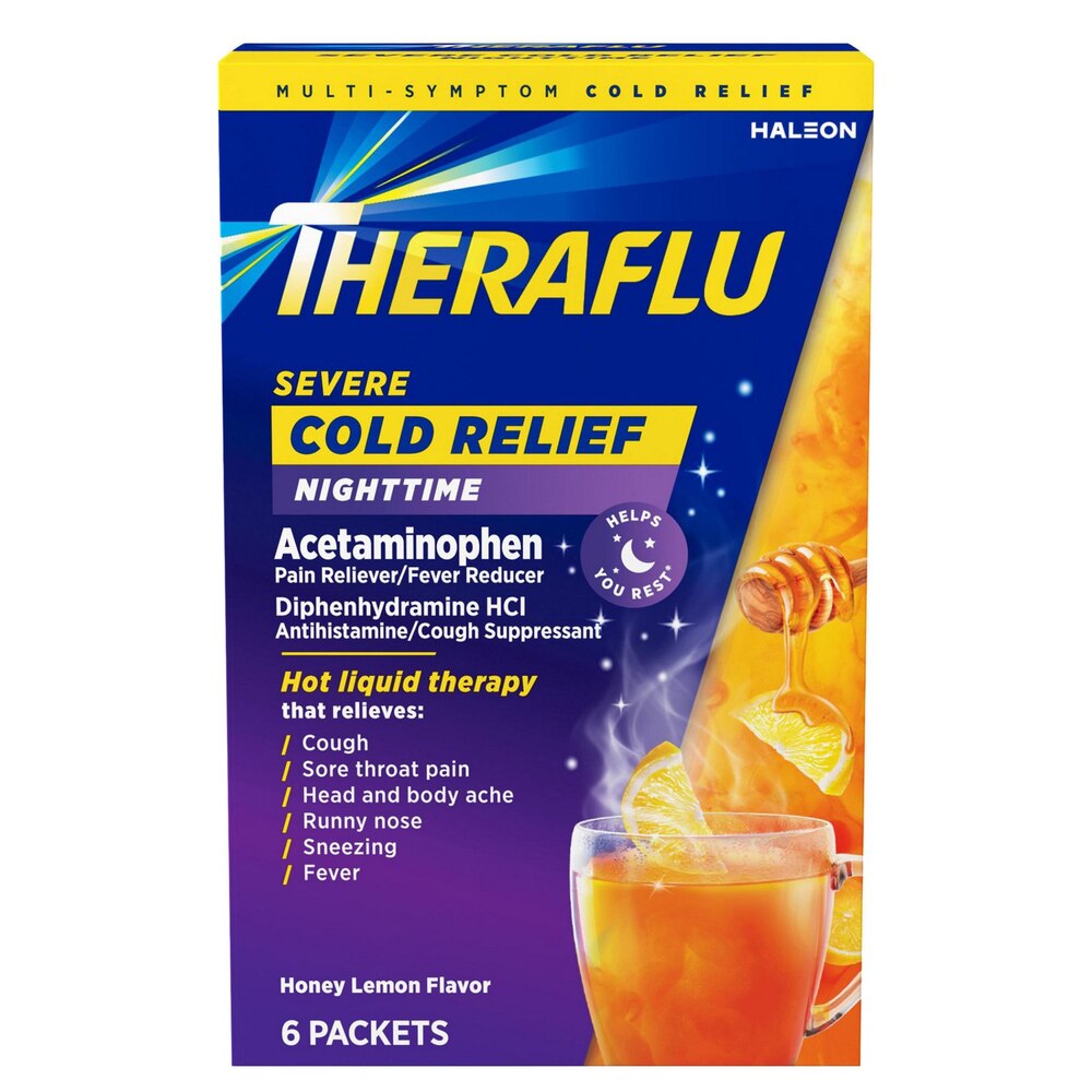 Theraflu severe cold relief packaging with a glass of hot liquid therapy on a white background