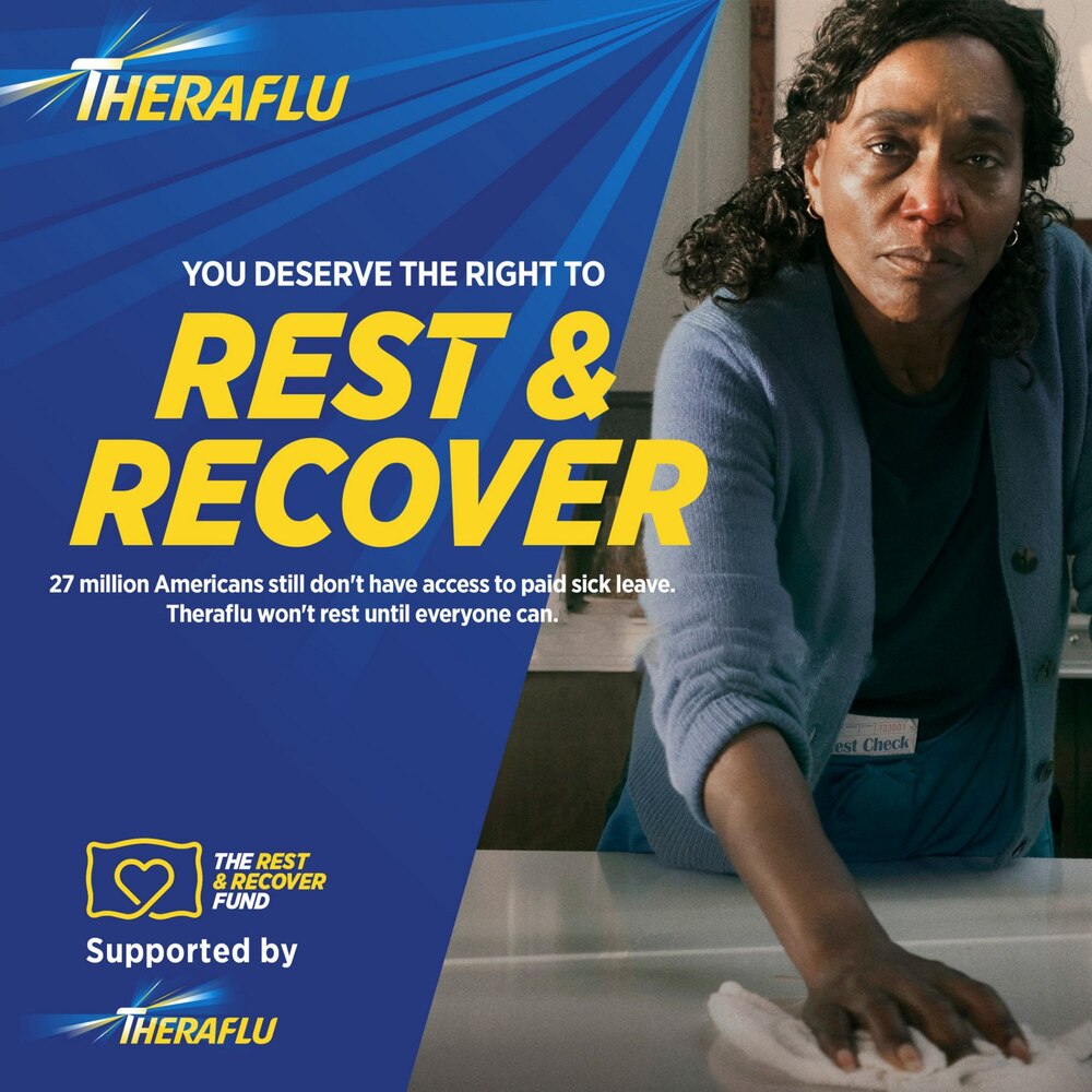 Theraflu advertisement with a woman at a desk and the text 'You deserve the right to rest & recover'.