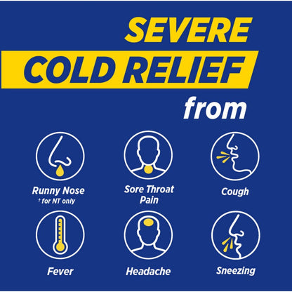 Severe cold relief product with icons for runny nose, sore throat, cough, fever, headache, and sneezing on a blue background.
