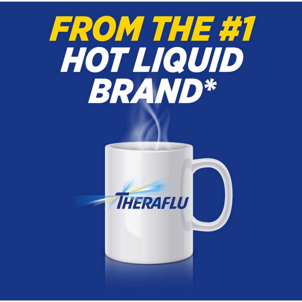 Theraflu mug with steam on a blue background and text about being the #1 hot liquid brand.