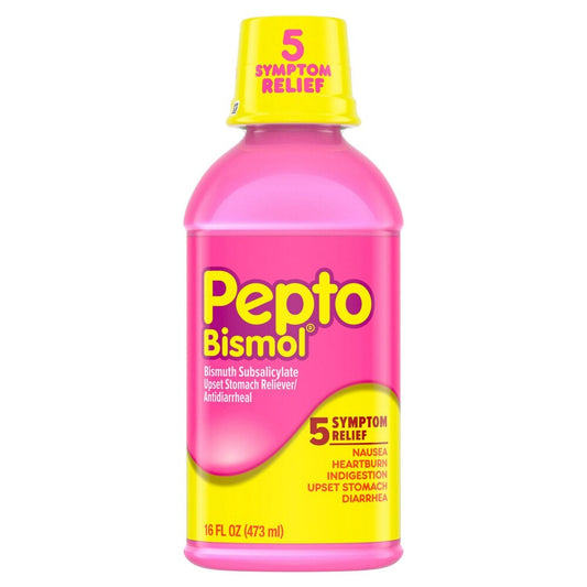 Pepto-Bismol bottle with pink liquid and yellow cap on a white background