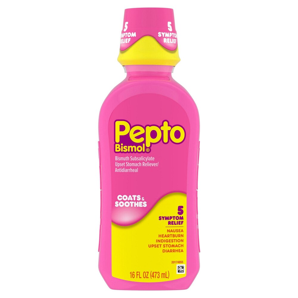 Pink bottle of Pepto-Bismol with yellow cap on a white background