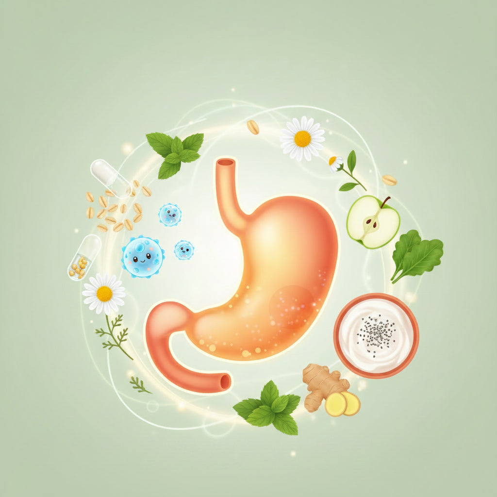 Product packaging with a stylized depiction of an stomach and text on a yellow background