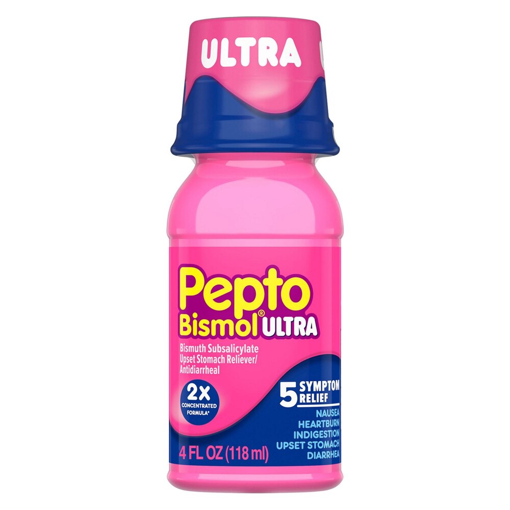 Pink bottle of Pepto Bismol Ultra on a white background