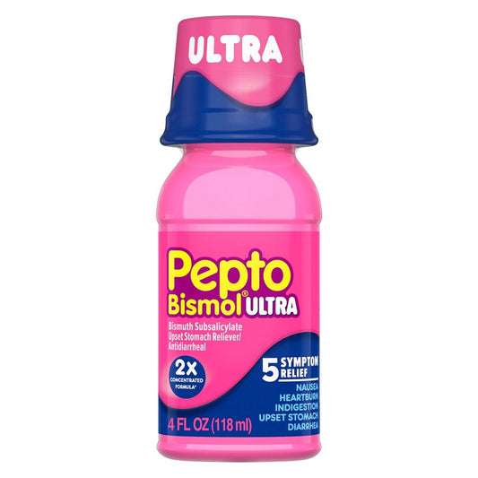 Pink bottle of Pepto Bismol Ultra on a white background