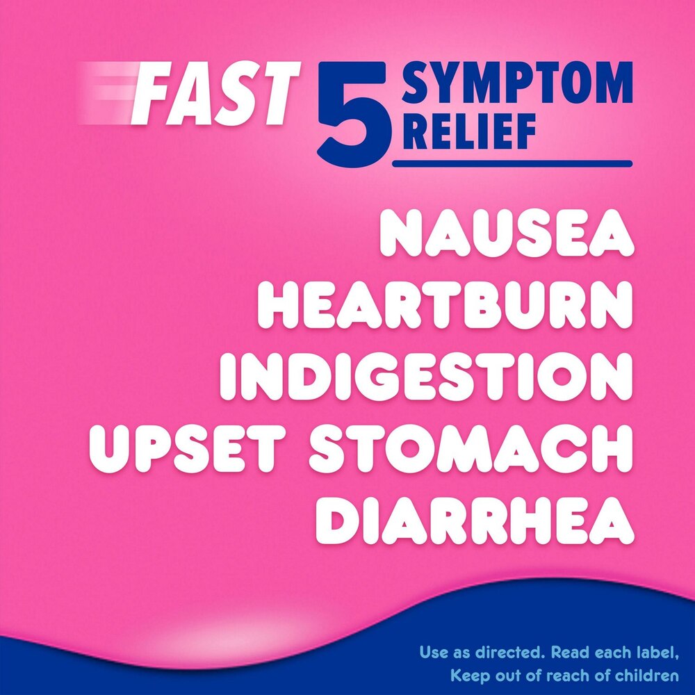 Pink and blue advertisement for a product with text about symptom relief on a pink background.