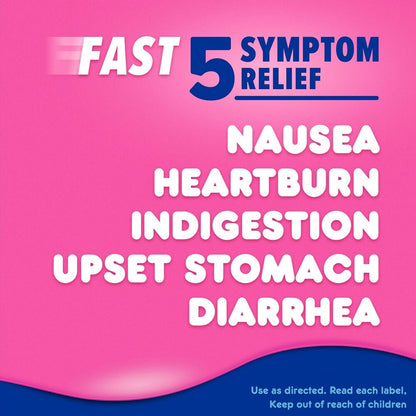 Pink and blue advertisement for a product with text about symptom relief on a pink background.
