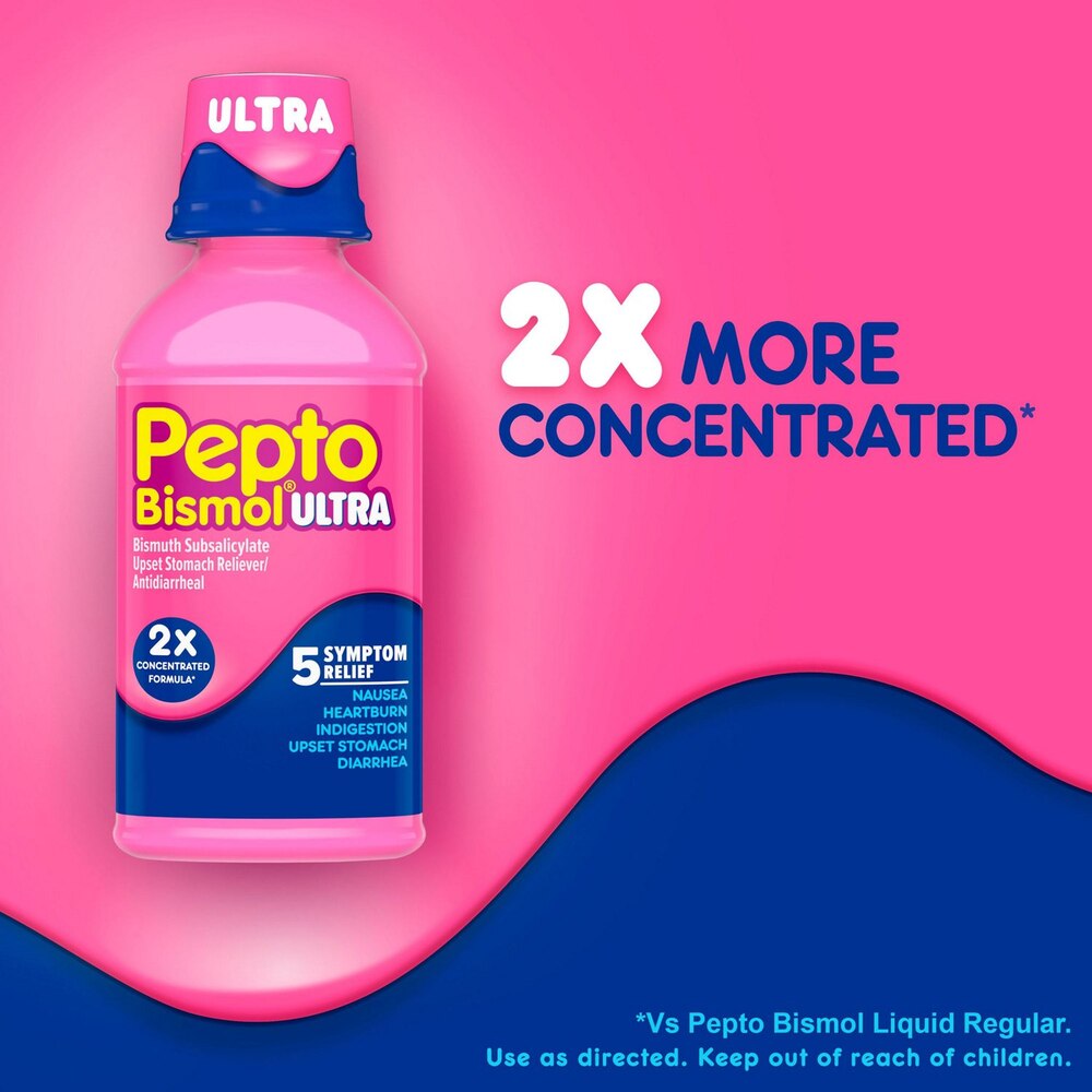 Pepto-Bismol Ultra bottle on a pink and blue background with text highlighting concentration.