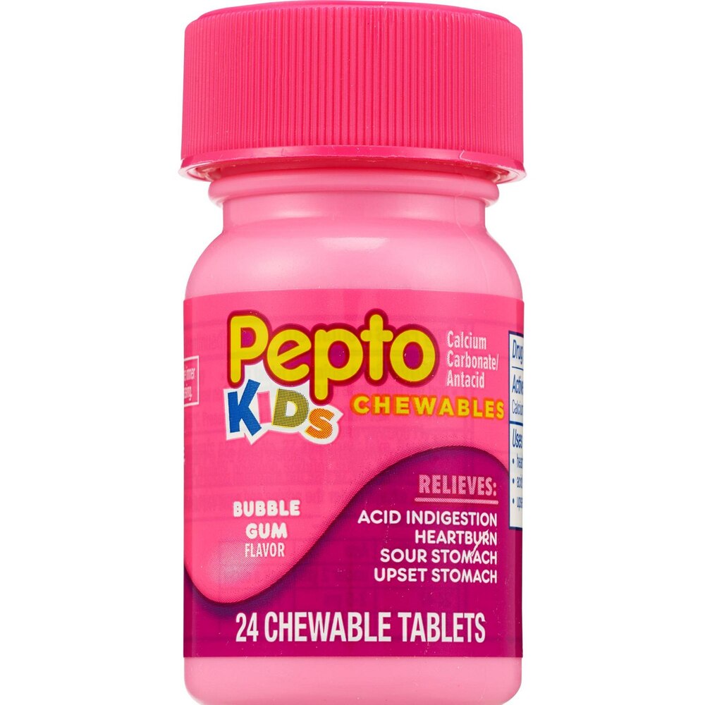 Pink bottle of Pepto Kids Chewables on a white background