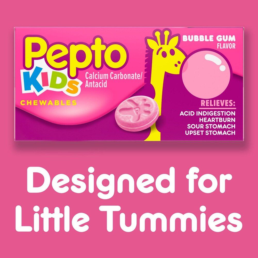 Pepto Kids chewable tablets packaging with a pink background
