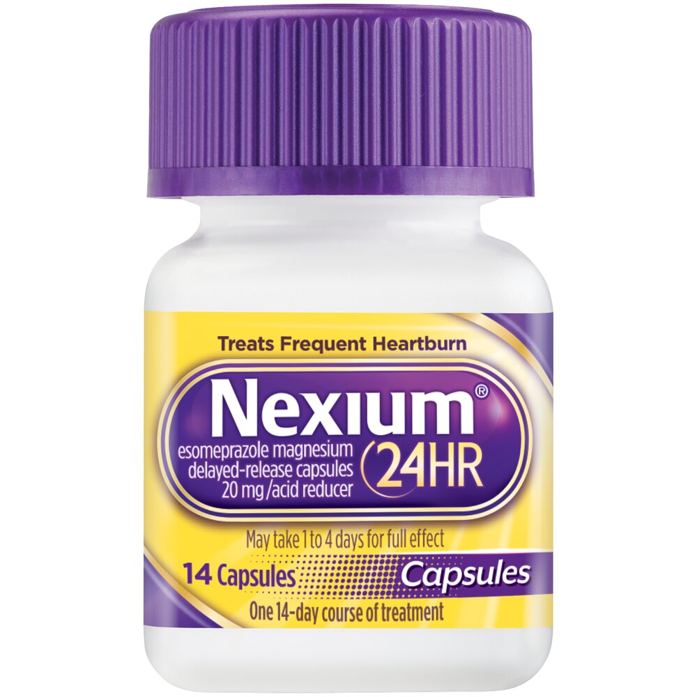 Nexium 24HR medication bottle with purple cap and label on a white background