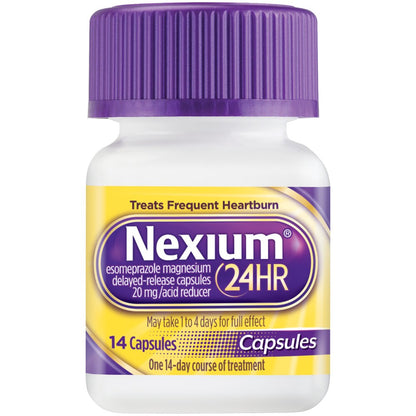 Nexium 24HR medication bottle with purple cap and label on a white background
