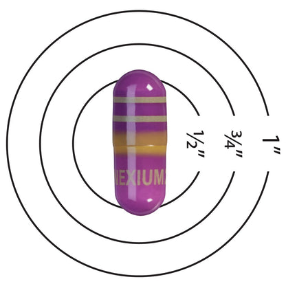 Nexium capsule with size measurement guide on a white background