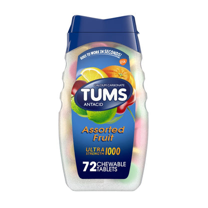 Tums Asorted Fruit antacid container on a white background