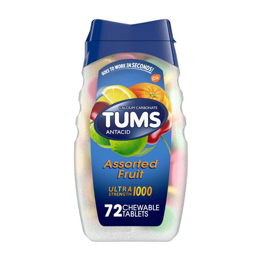 Tums Asorted Fruit antacid container on a white background