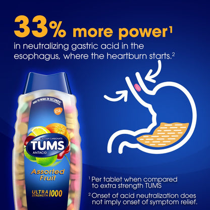 TUMS antacid bottle with stomach illustration and text on a blue background